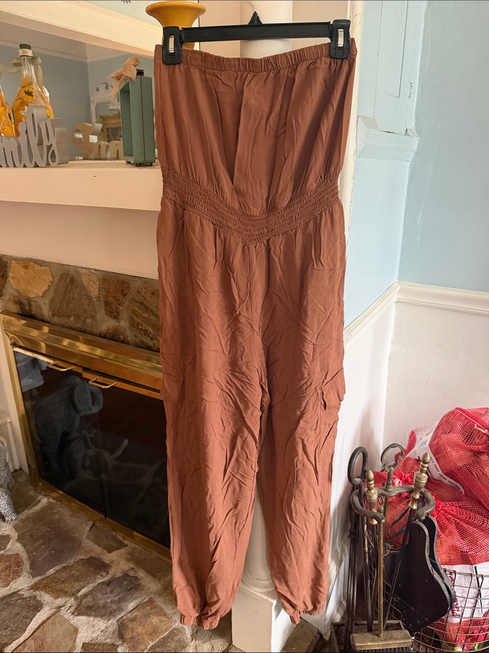 Rue21 Rust Brown Smocked-Waist Cargo Jumpsuit